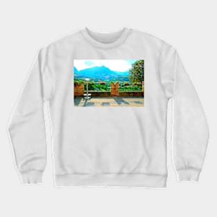 View from Montefortino at town belvedere with merlons, barriers, vases, binocular, hills, Sibillini Crewneck Sweatshirt